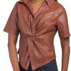 NWT House of Harlow 1960 brown vegan leather size M button up blouse